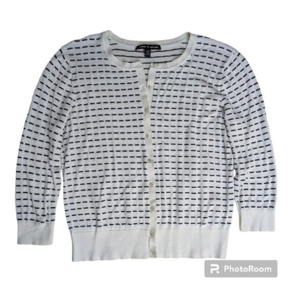 Cable & Gauge White and Black Cardigan with Pearly Buttons Size L